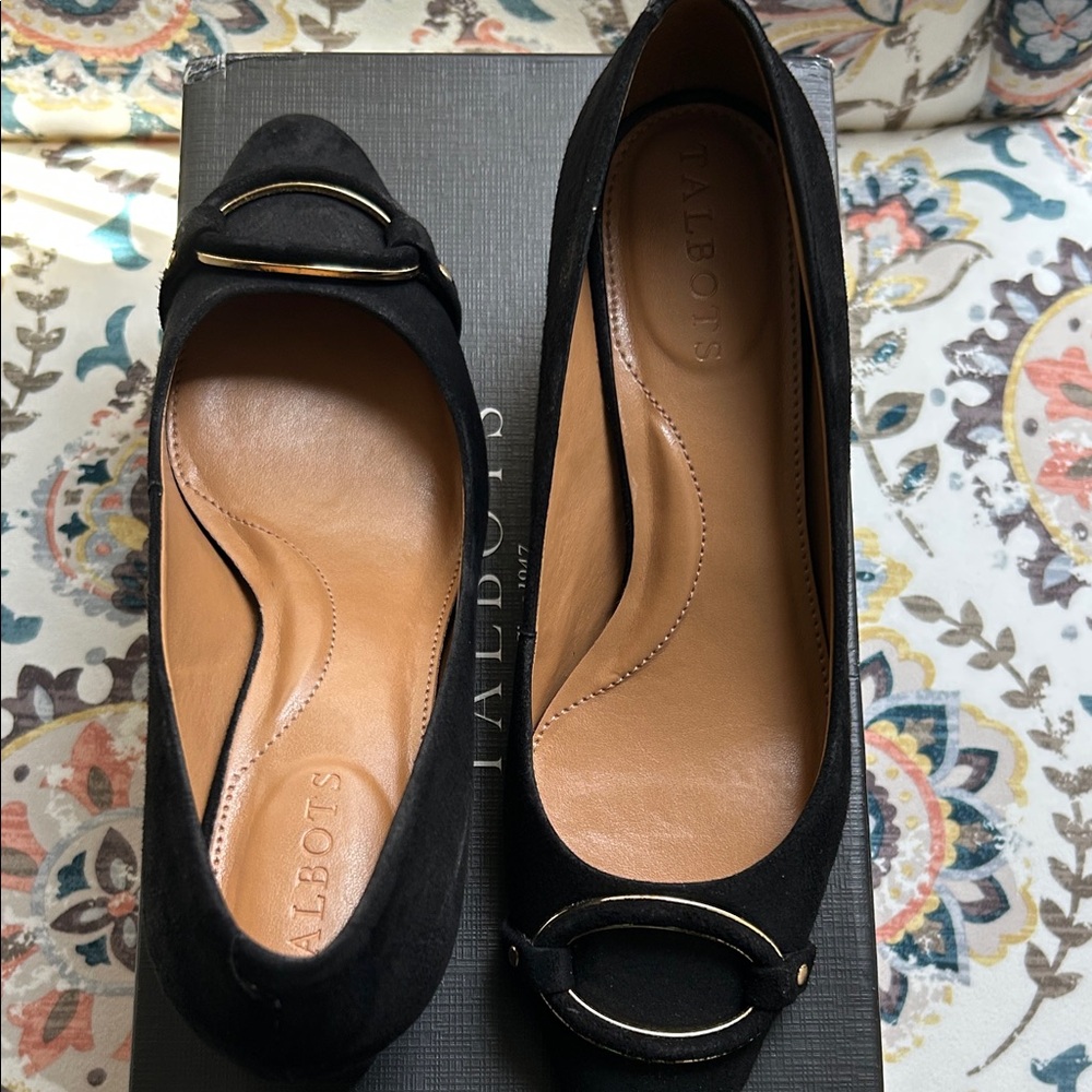 Talbots Black Block Heels with Gold Accents